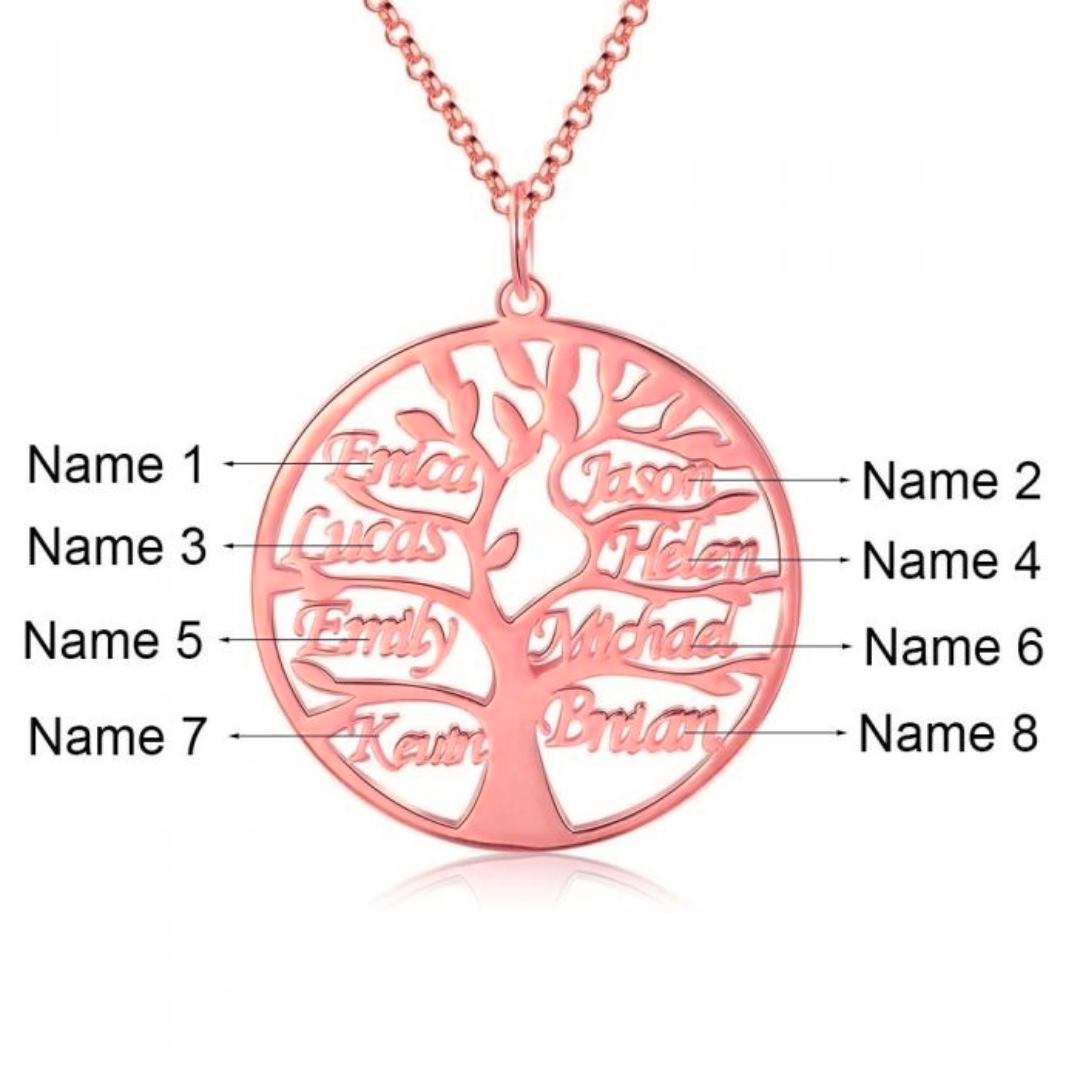 Rose Gold Tree of Life pendant with engraved 8 family names