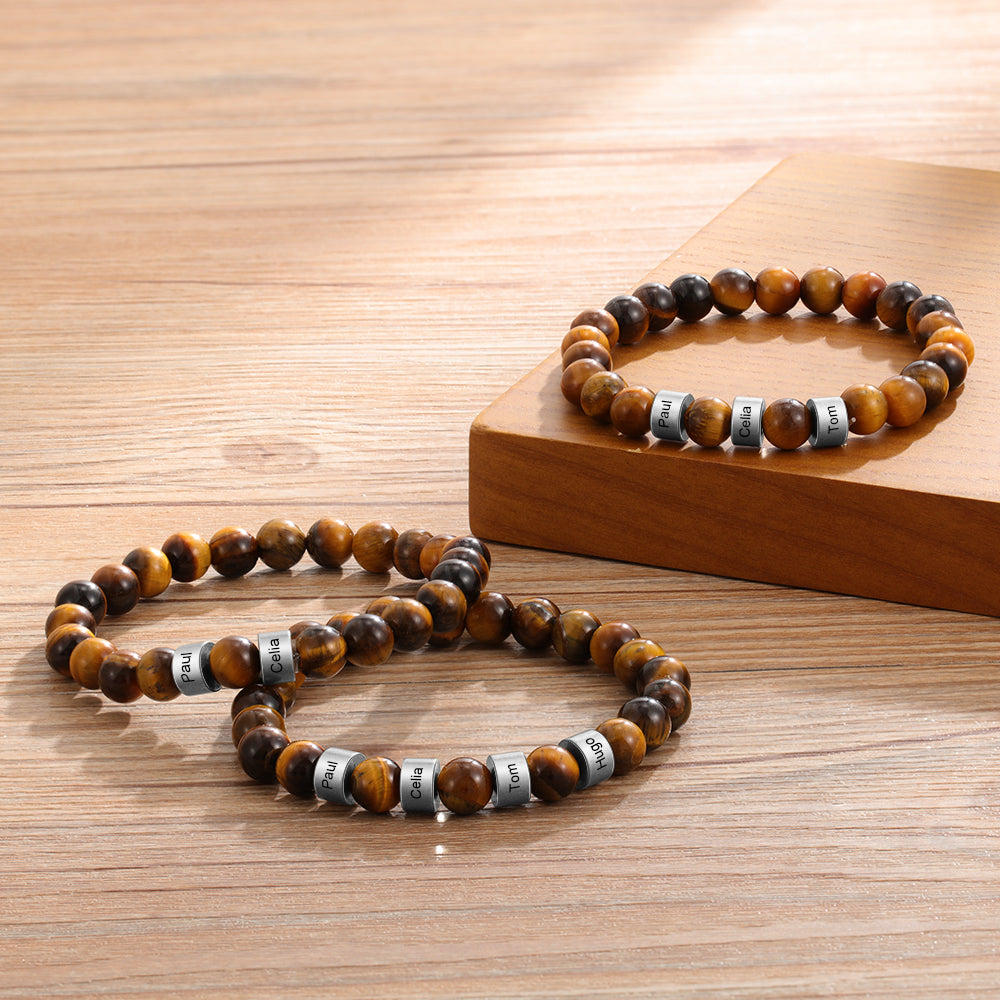 Stylish men’s tiger eye beaded bracelet with engraving