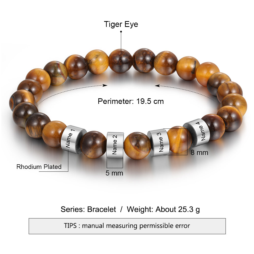 Tiger eye bead bracelet for men with engraved plate