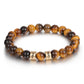 Tiger eye beaded men’s bracelet with engraved 2 gold beads 