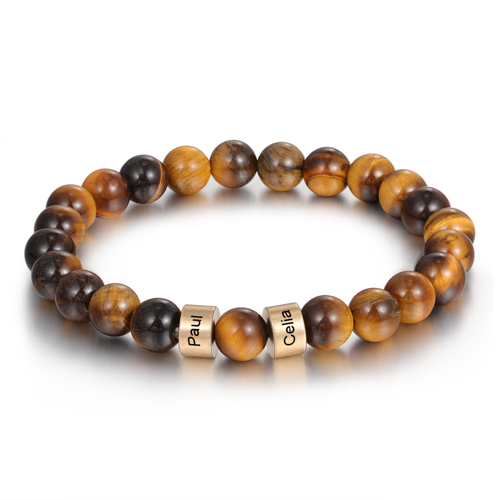 Tiger eye beaded men’s bracelet with engraved 2 gold beads 