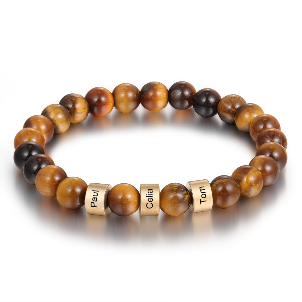 Tiger eye beaded men’s bracelet with engraved 3 gold beads. 