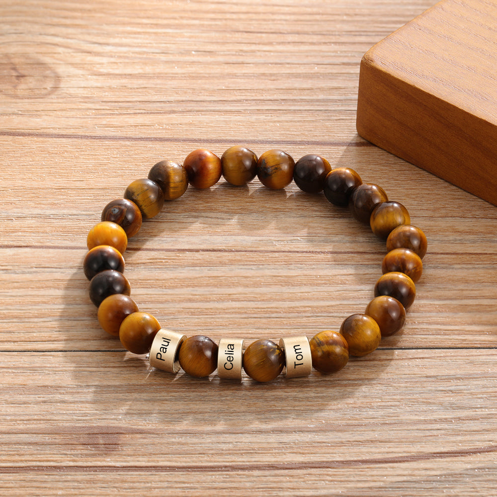  Tiger eye beaded men’s bracelet with engraved 3 gold beads