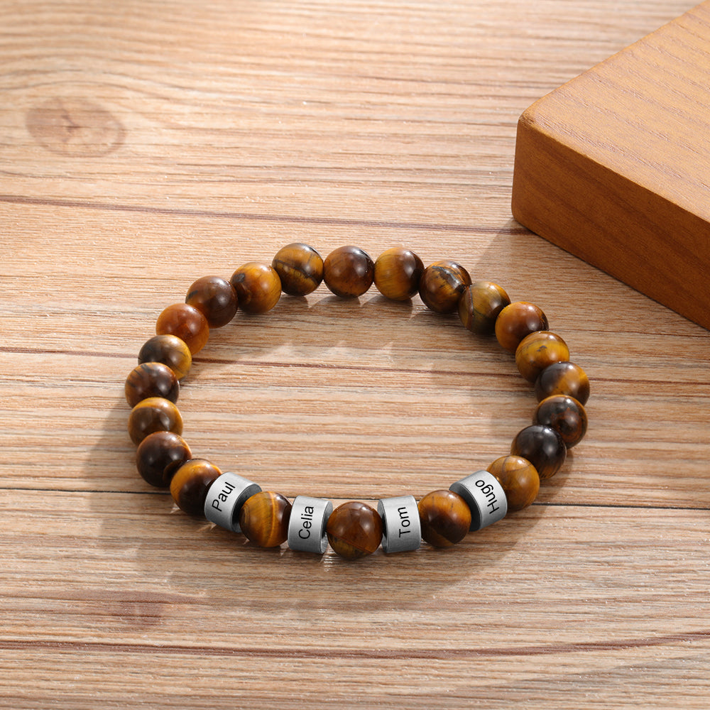 Tiger eye beaded men’s bracelet with engraved 4 beads 