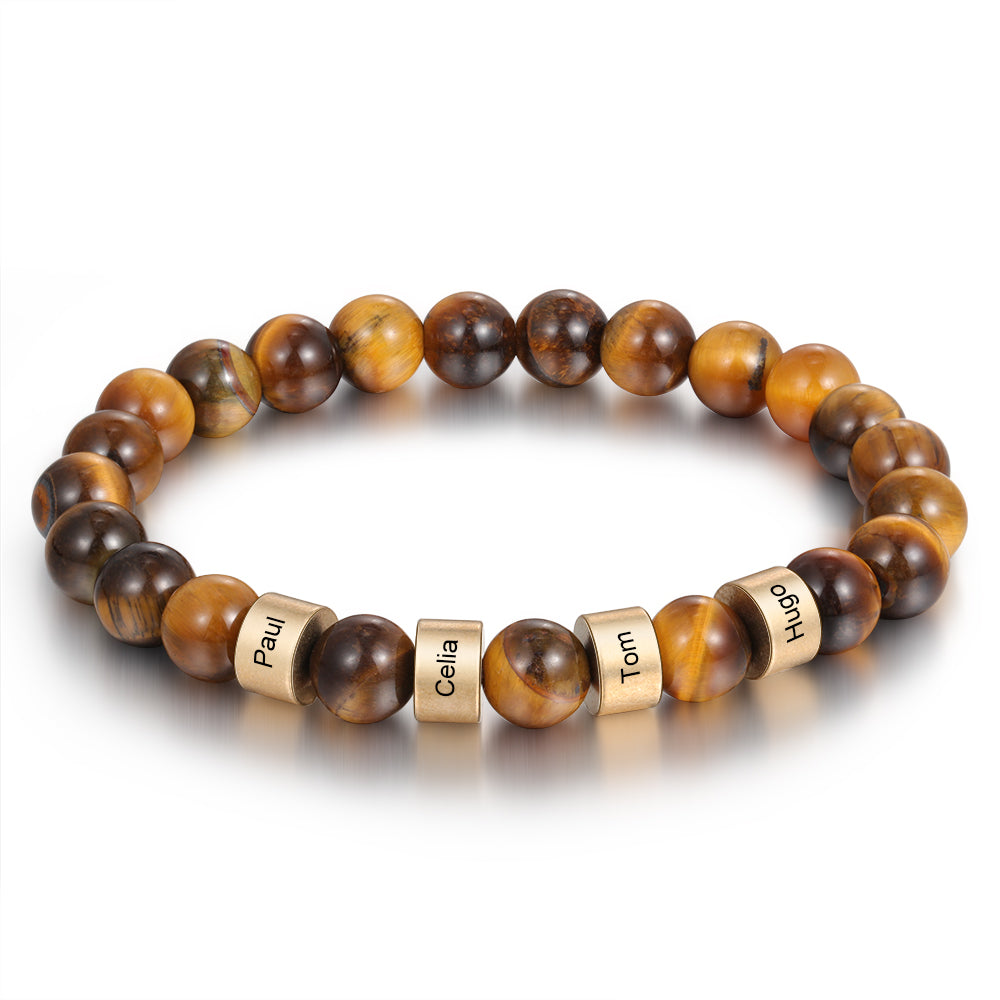  Tiger eye beaded men’s bracelet with engraved 4 gold beads