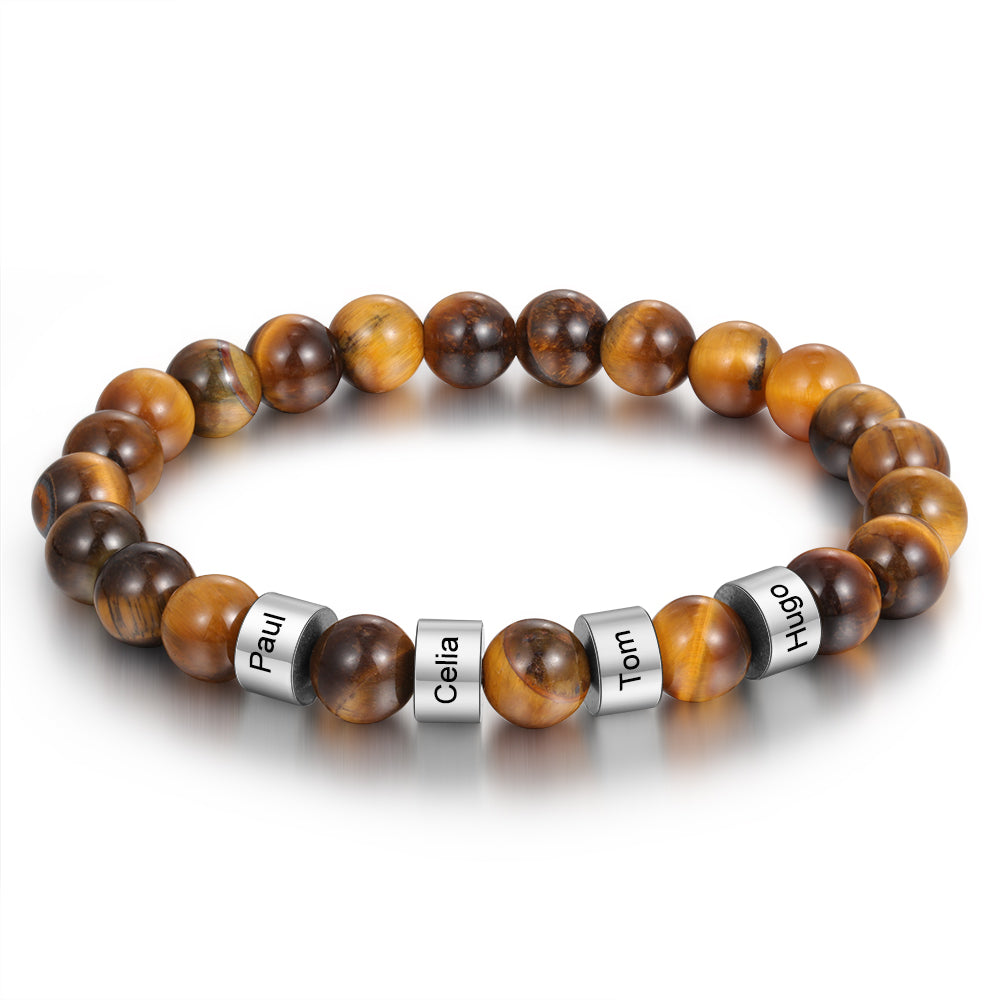 Tiger eye beaded men’s bracelet with engraved plate