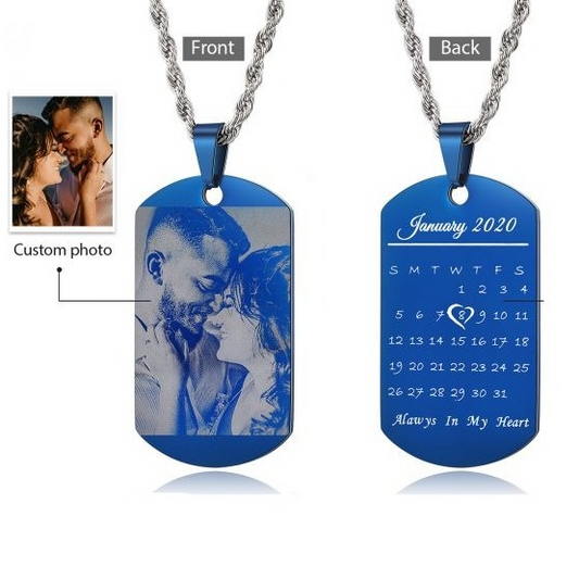 Personalised Photo Dog Tag Necklace With Calendar Engraved | Custom Made Dog Tag Necklace For Men