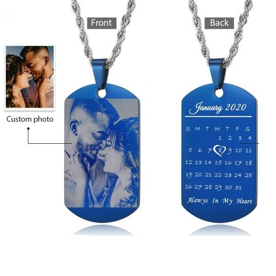 Personalised Photo Dog Tag Necklace With Calendar Engraved | Custom Made Dog Tag Necklace For Men