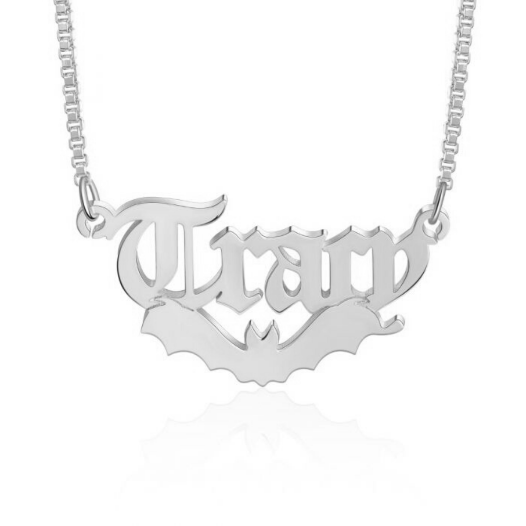 Personalised Halloween Name Necklace | Bespoke Name Necklace With Bat | Customised Halloween Gift