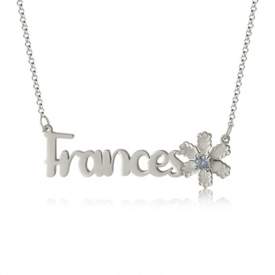 Personalised Name Necklace | Bespoke Name Necklace With Flower and Birthstone