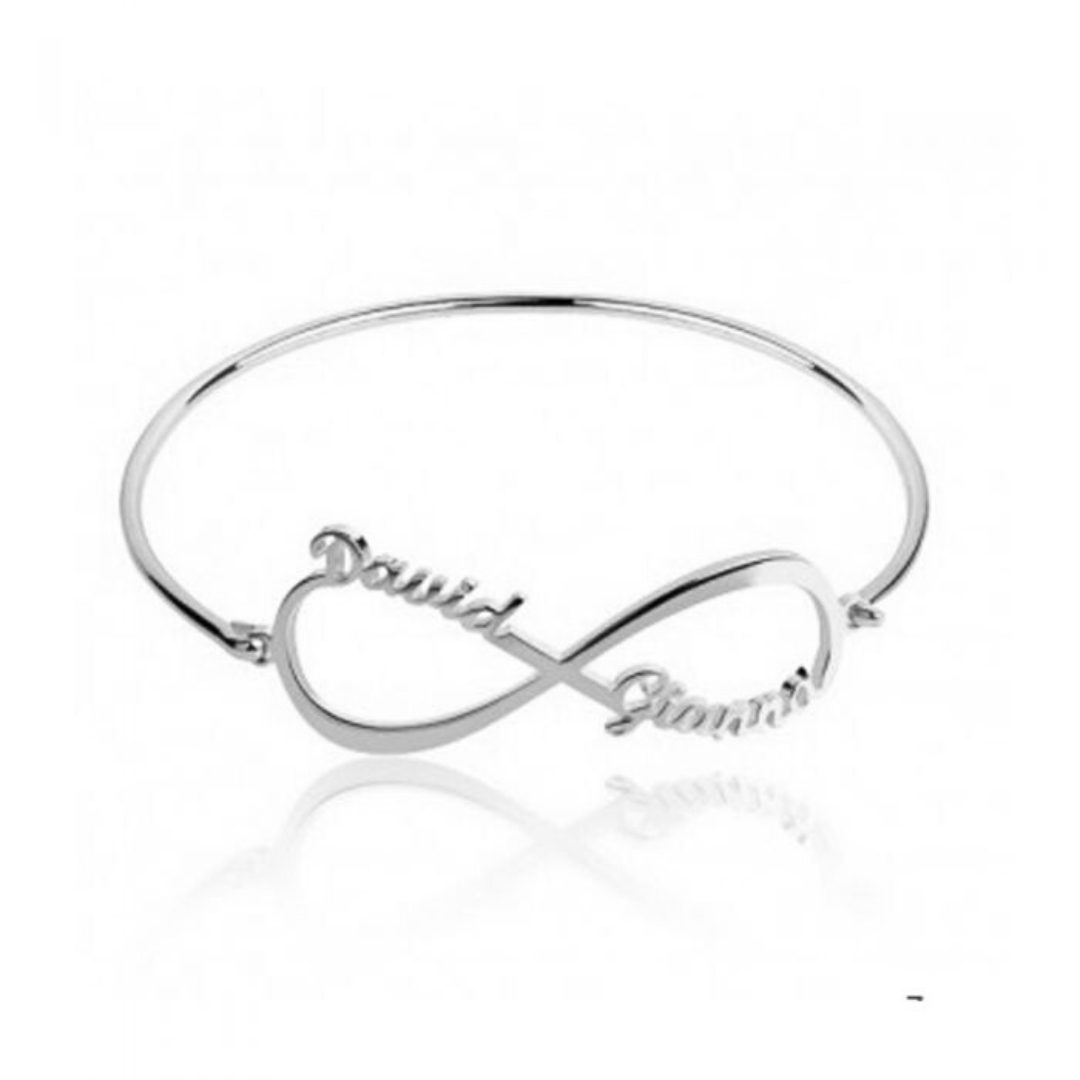 Bespoke Infinity 2 Names Bangle | Personalised Sterling Silver Name Bangle For Her