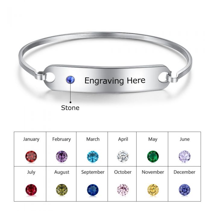 Personalised Name Plate Bangle With Birthstone | Customised Nameplate Bracelet For Her