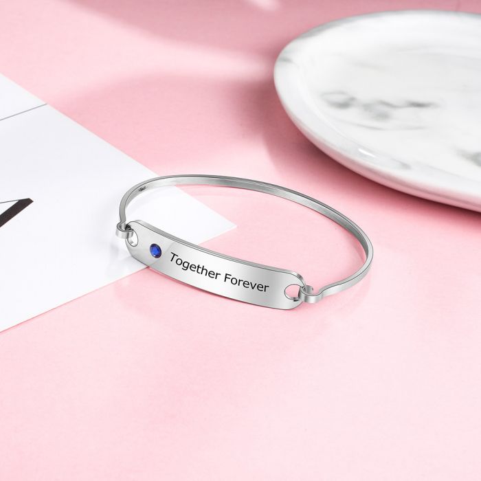 Personalised Name Plate Bangle With Birthstone | Customised Nameplate Bracelet For Her