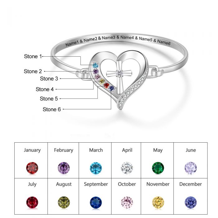 Personalised Cross Heart Bangle With Names Engraved And Birthstones | Bespoke Bangle For Mum