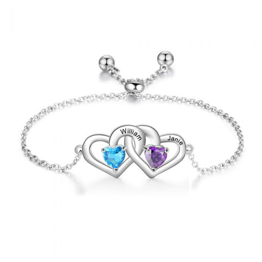 Customised Birthstone Bracelet For Her | Bespoke Engraved Names Love Bracelet For Her