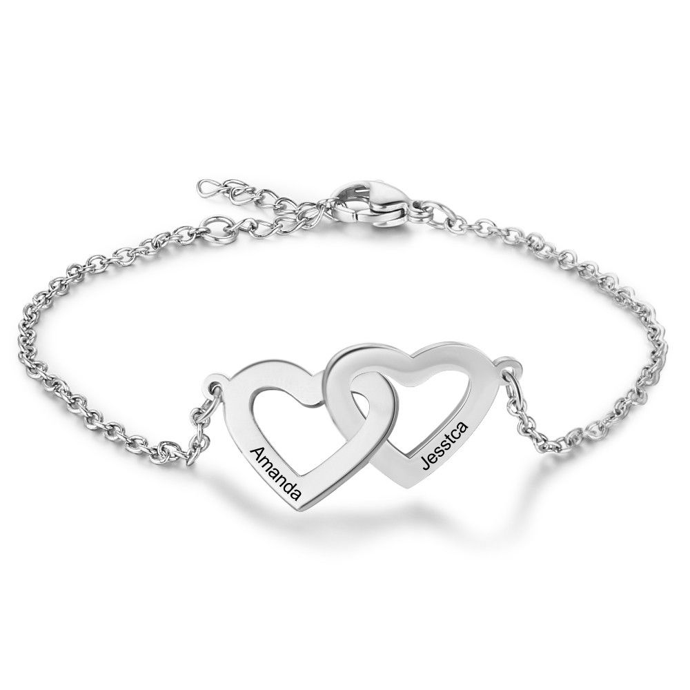 Personalised 2 Joined Hearts Name Bracelet For Woman | Bespoke Gift Of Love For Her