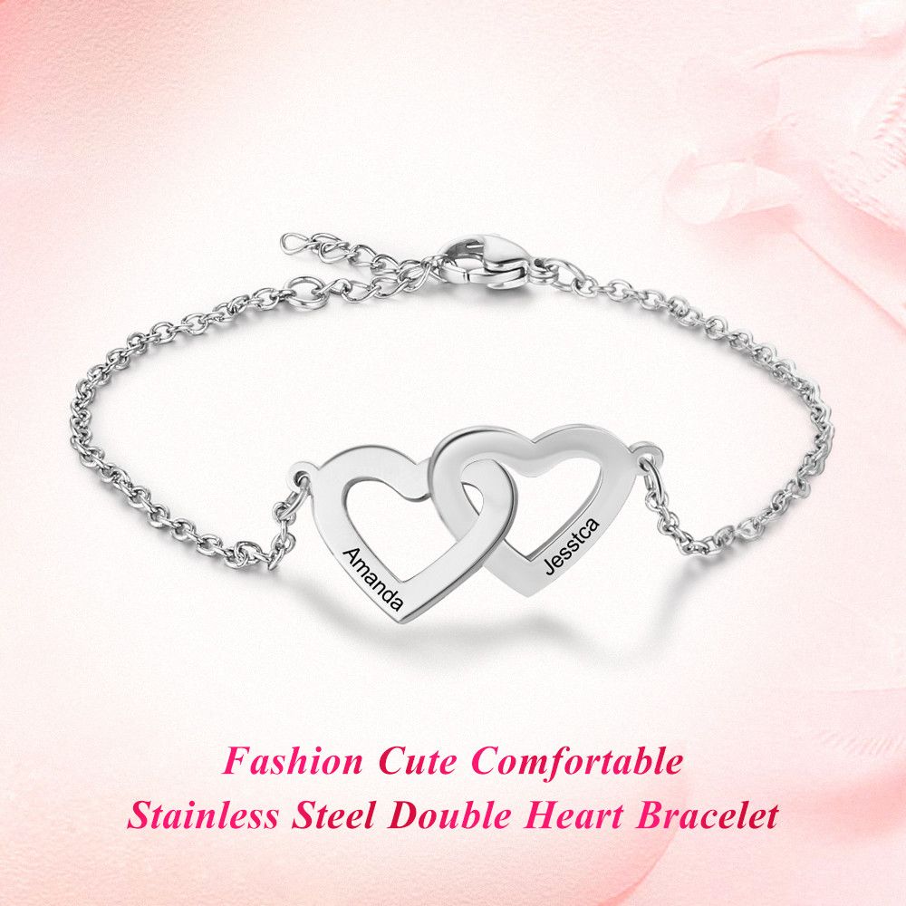 Personalised 2 Joined Hearts Name Bracelet For Woman | Bespoke Gift Of Love For Her