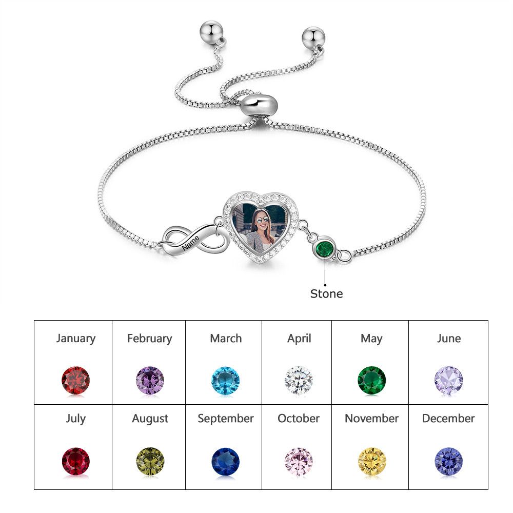 Personalised Photo Bracelets With Up To 2 Names Engraved And Birthstones | Bespoke Photo Infinity Bracelet