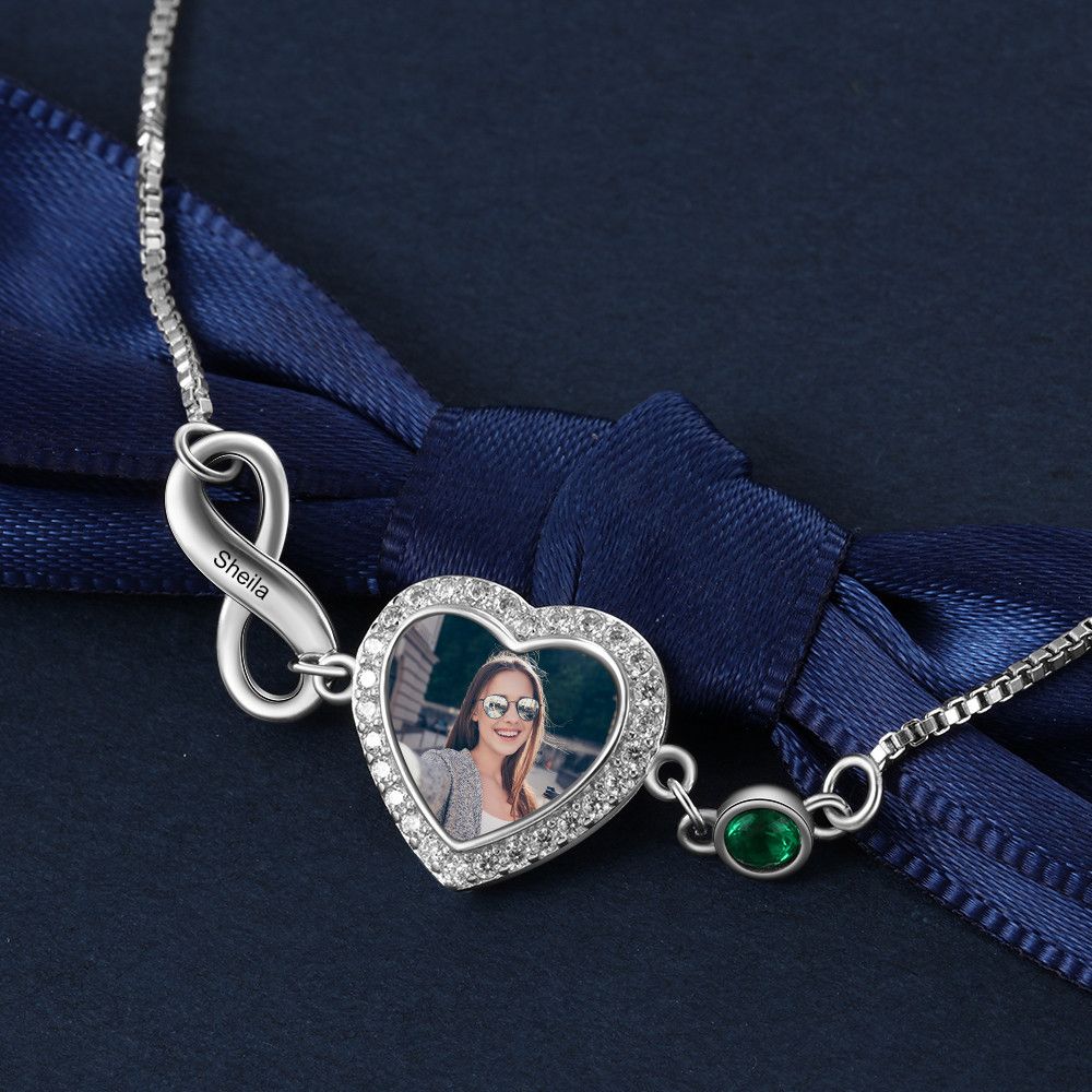 Personalised Photo Bracelets With Up To 2 Names Engraved And Birthstones | Bespoke Photo Infinity Bracelet