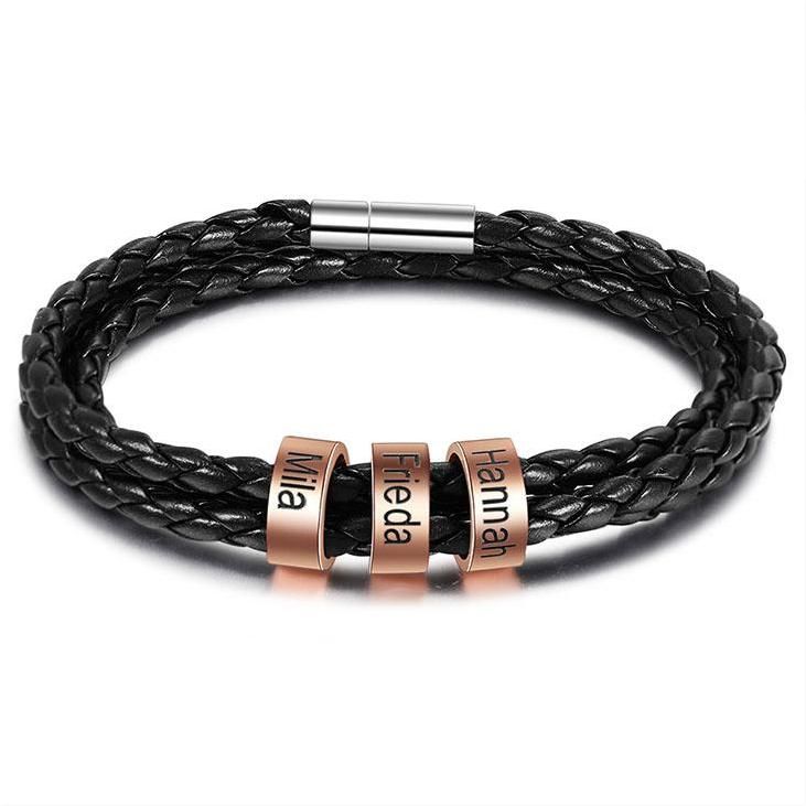 Personalised Men's Leather Bracelet With Cusomised Engraved Beads