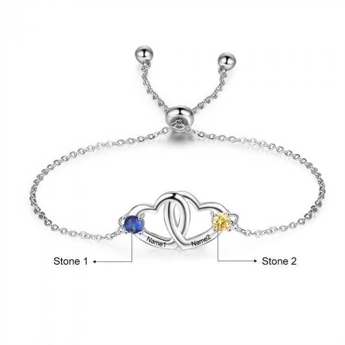 Personalised Birthstone Bracelet For Her With Engraved Names | Customised Linked Hearts Bracelet For Women