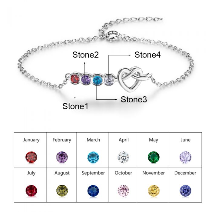 Personalised Birthstone Bracelet For Her | Customised Bracelet With Birthstones | Heart knot Bracelet