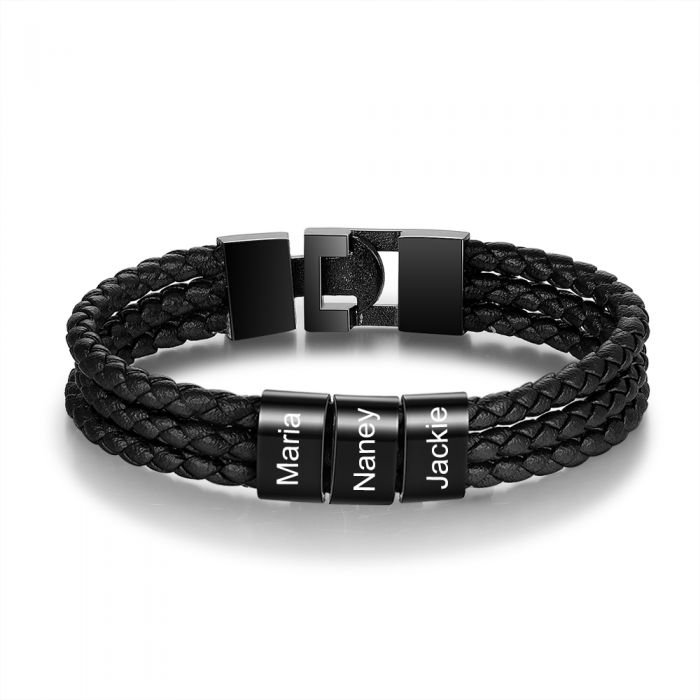 Personalised Leather Bracelet For Men With Up To 8 Names Engraved Charms