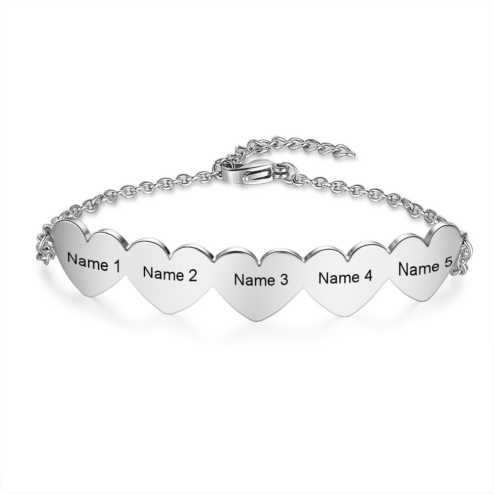 Personalised Up To 5 Joined Hearts Engraved Name Bracelet | Bespoke Engraved Gift For Mum