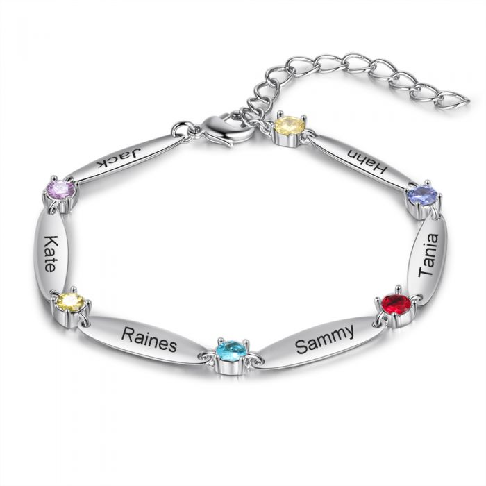 Personalised Bracelet For Her | Custom Engraved Up To 6 Names Bracelet With Birthstones