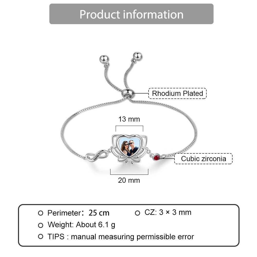 Personalised Photo Bracelet With Engraved Name And Birthstone | Bespoke Photo Bracelet For Women
