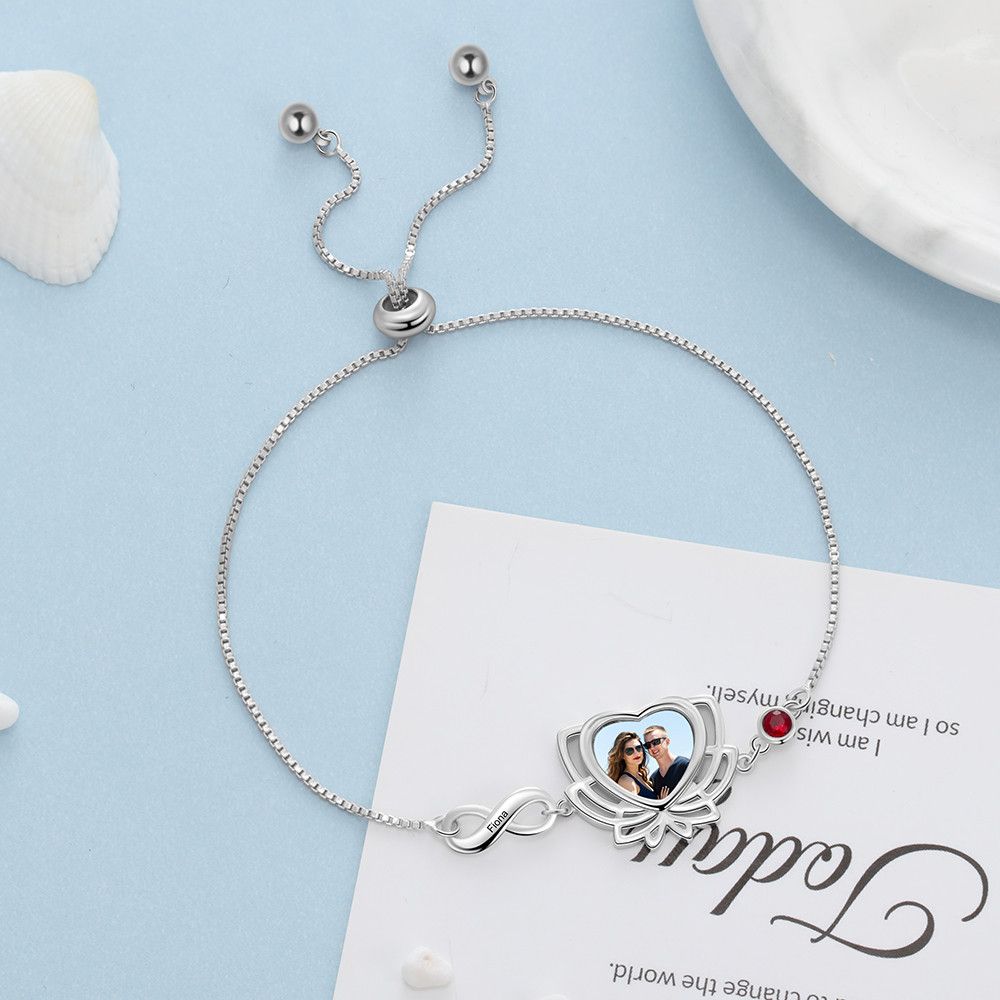 Personalised Photo Bracelet With Engraved Name And Birthstone | Bespoke Photo Bracelet For Women