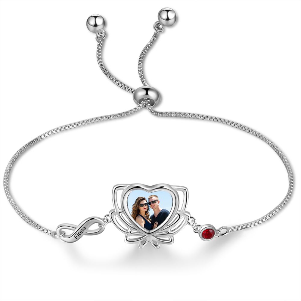 Personalised Photo Bracelet With Engraved Name And Birthstone | Bespoke Photo Bracelet For Women