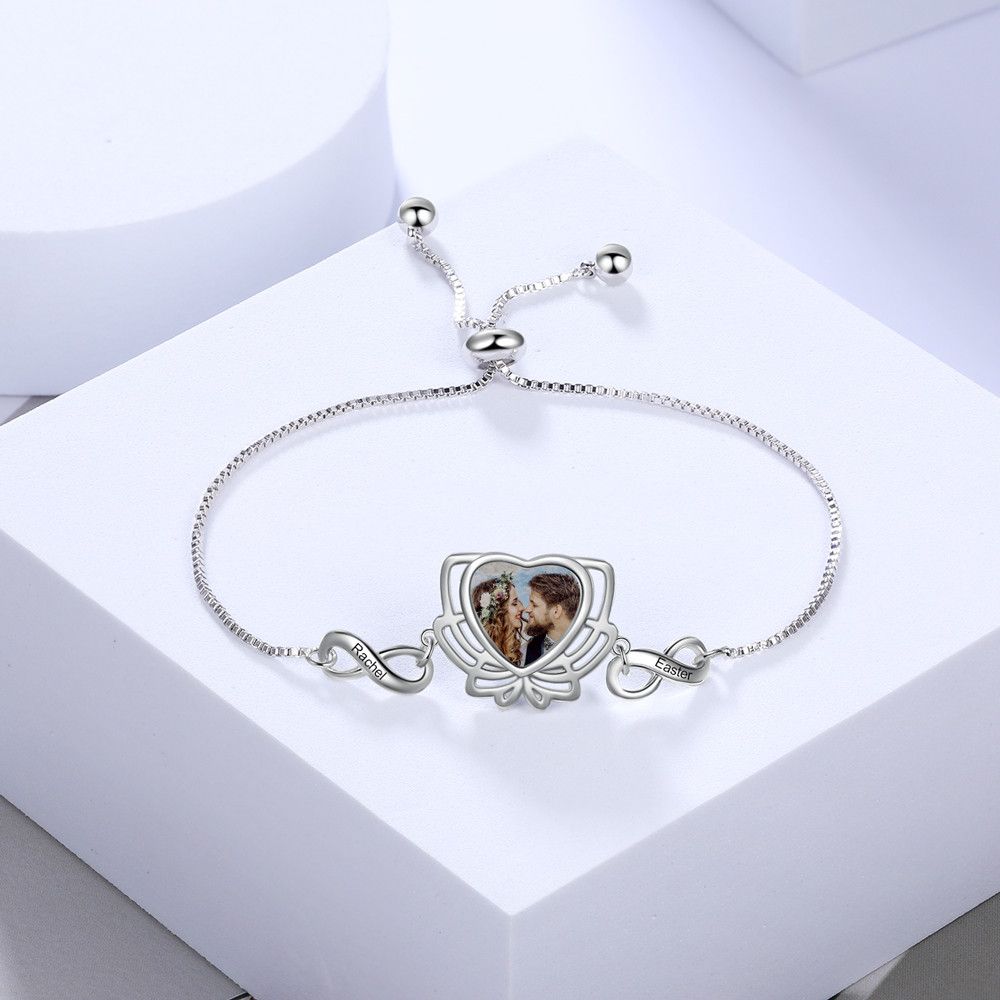 Personalised Photo Bracelet With Two Engraved Infinity Charms | Bespoke Gift For Mum