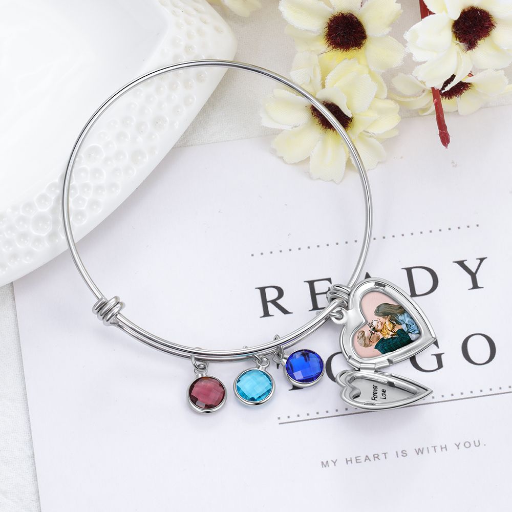 Personalised Charm Photo Bracelet For Woman With Up To 5 Birthstones And Customised Engraving | Bespoke Gift For Mother