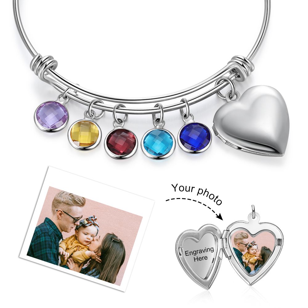 Personalised Charm Photo Bracelet For Woman With Up To 5 Birthstones And Customised Engraving | Bespoke Gift For Mother
