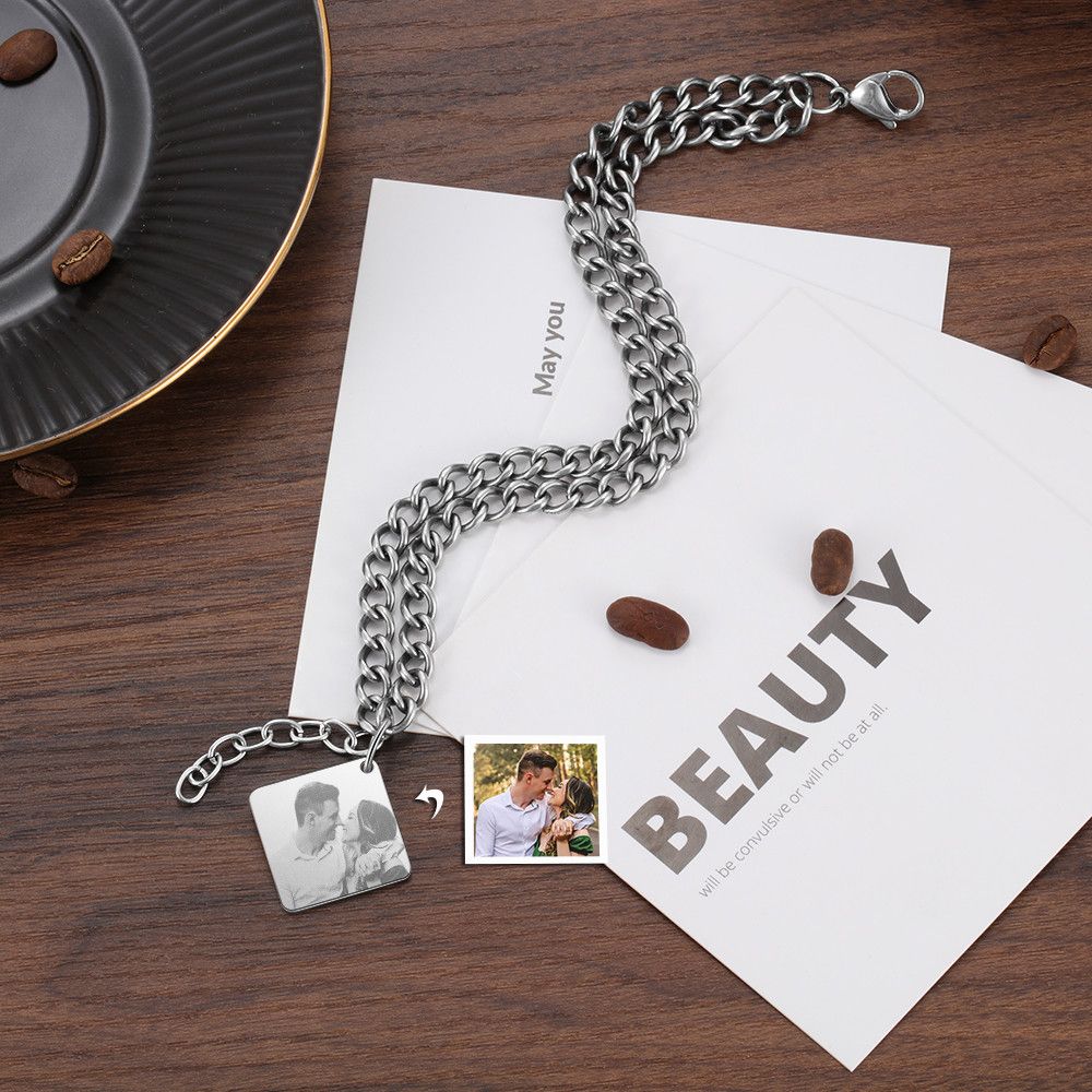 Personalised Photo Bracelet For Men With Custom Engraved Calendar | Bespoke Photo Chain Bracelet For Him