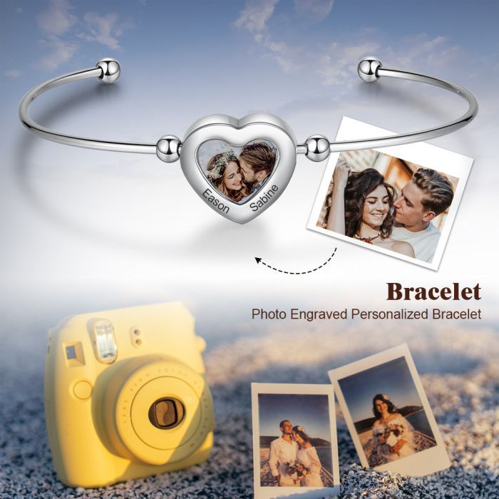 Personalised Photo Bracelet With 2 Names Engraved | Customised Photo Bangle