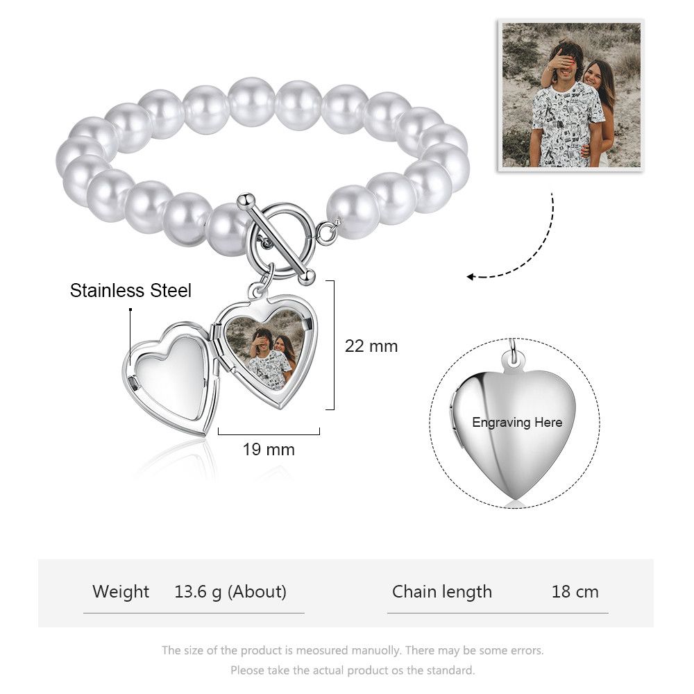 Personalised Pearl Bracelet With Customised Photo Heart Charm And Engraving