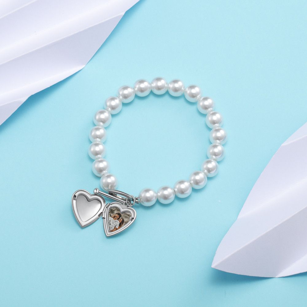 Personalised Pearl Bracelet With Customised Photo Heart Charm And Engraving