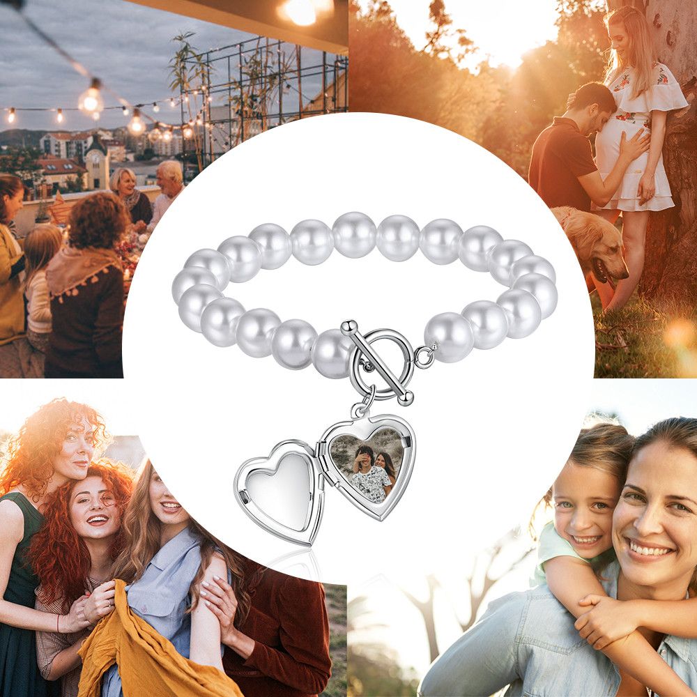 Personalised Pearl Bracelet With Customised Photo Heart Charm And Engraving