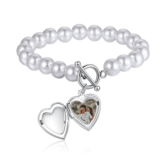 Personalised Pearl Bracelet With Customised Photo Heart Charm And Engraving