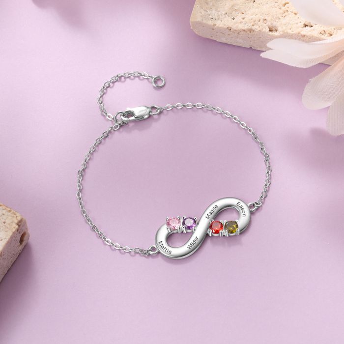 Personalised Sterling Silver Bracelet For Her | Bespoke Infinity Birthstone Bracelet With 4 Names Engraved