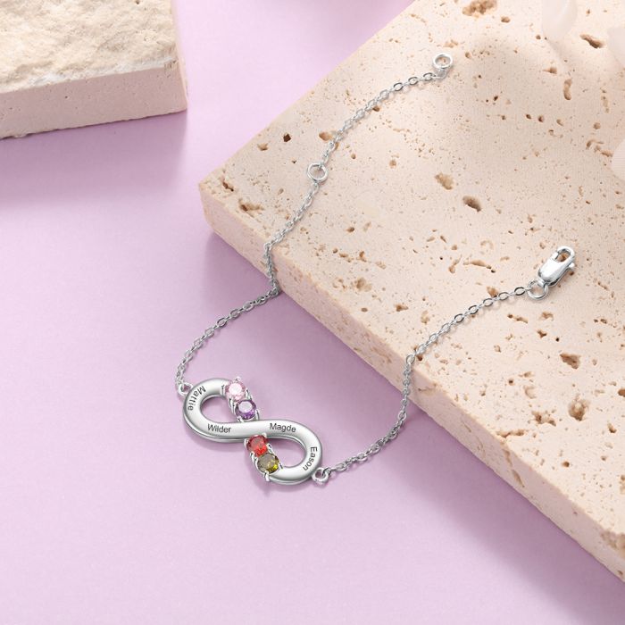 Personalised Sterling Silver Bracelet For Her | Bespoke Infinity Birthstone Bracelet With 4 Names Engraved