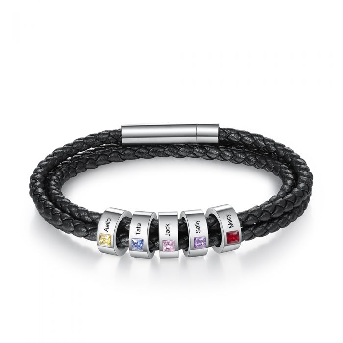 Bespoke Men's Leather Bracelet With Up To 8 Engraved Beads And Birthston