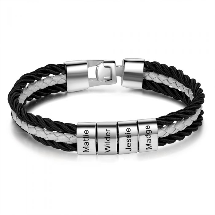 Cusstomised Leather Bracelet For Men With Up To 5 Engraved Beads