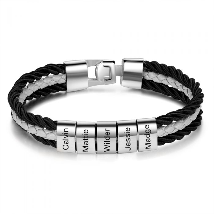 Cusstomised Leather Bracelet For Men With Up To 5 Engraved Beads