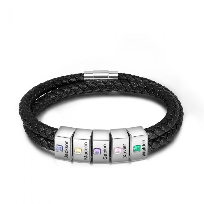 Bespoke Leather Bracelet For men With Up To 5 Engraved Charms With Birthstones