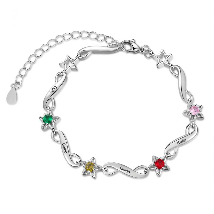 Personalised Birthstone Bracelet For Her With Up To 7 Engraved Names | Customised Star Bracelet