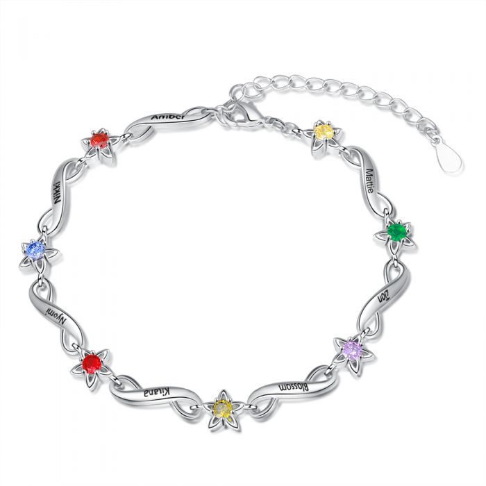 Personalised Birthstone Bracelet For Her With Up To 7 Engraved Names | Customised Star Bracelet
