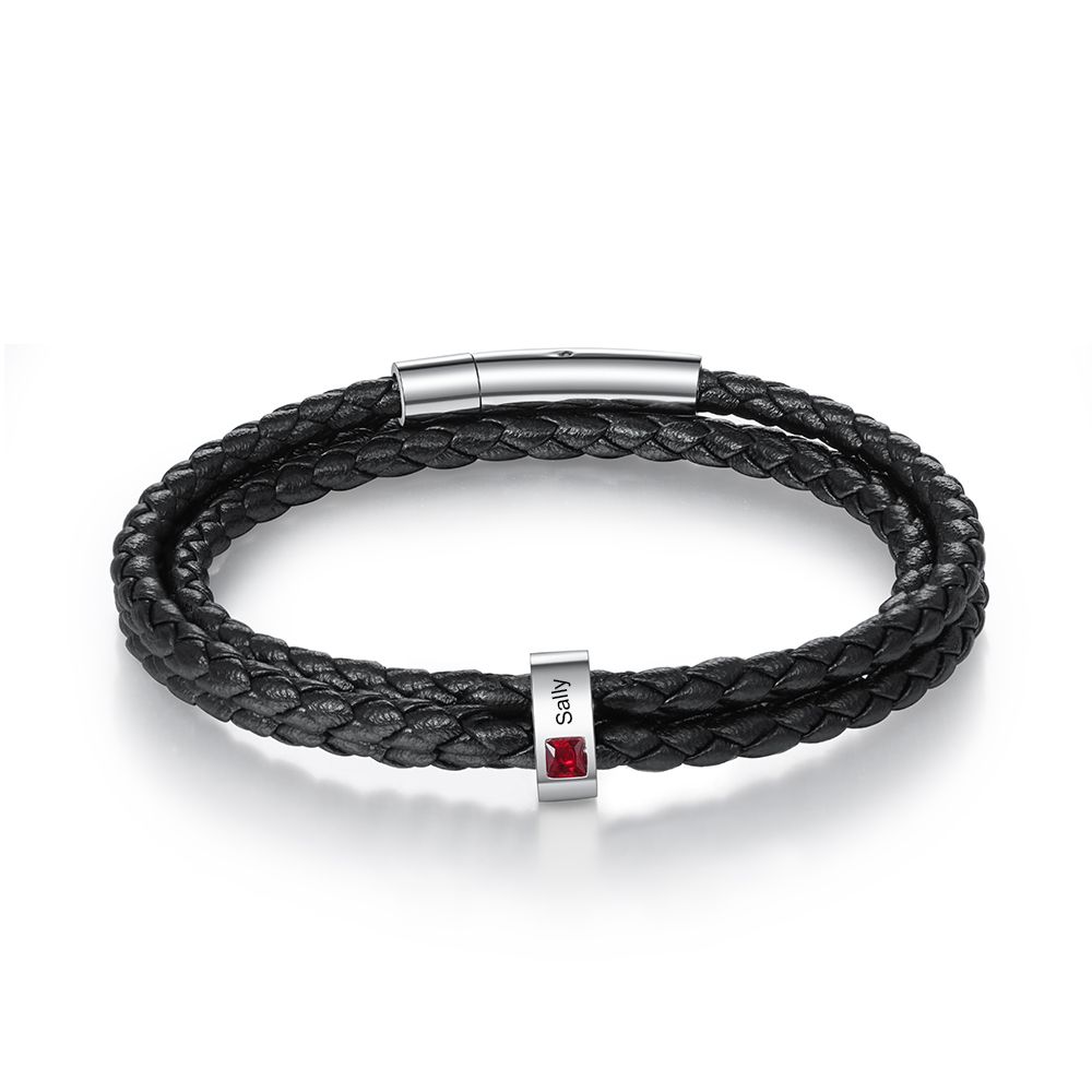 Bespoke Men's Leather Bracelet With Up To 8 Engraved Beads And Birthston